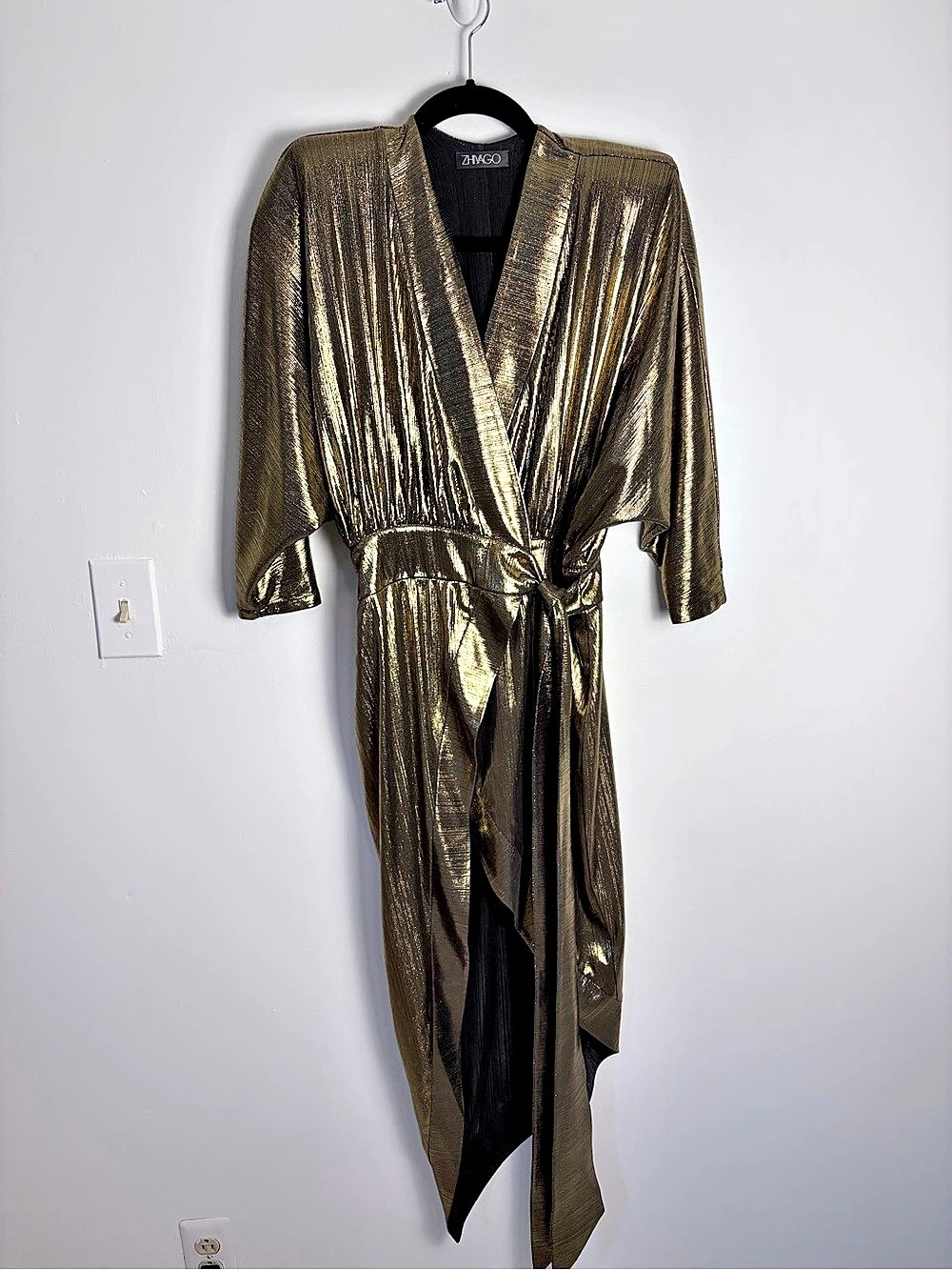 ZHIVAGO Metallic Gold Wrap Dress Draped Asymmetric Hem XS US 2